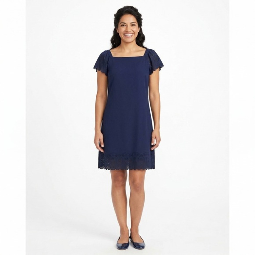 ELLE Navy Blue Eyelet Embroidered Flutter Sleeve Off Shoulder Shift Dress XL NWT